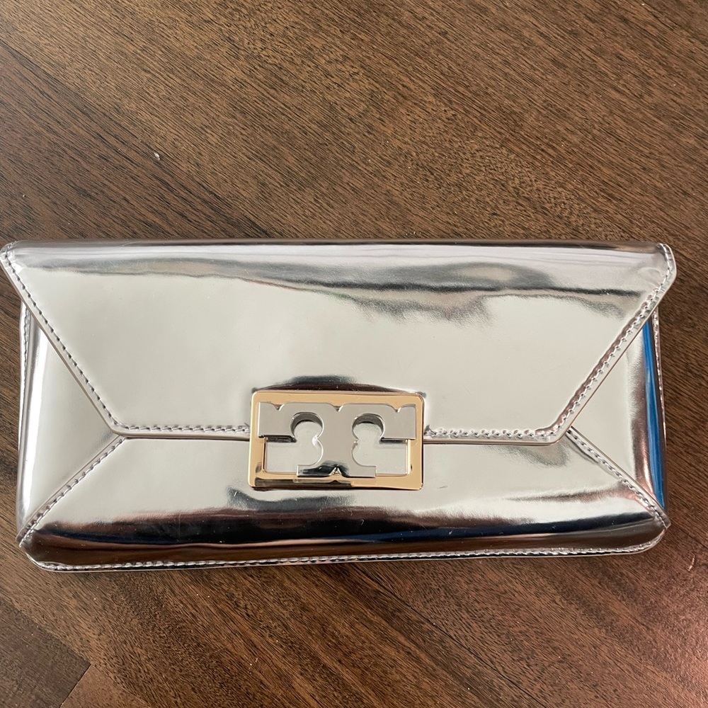 NWT Tory Burch Silver Clutch